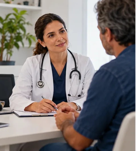 Médica conversa com paciente em consultório